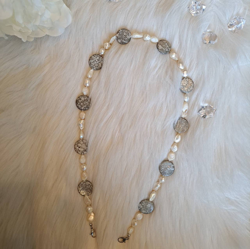 All Natural Pearl and Round Mottled Grey Sea Shell Lanyard