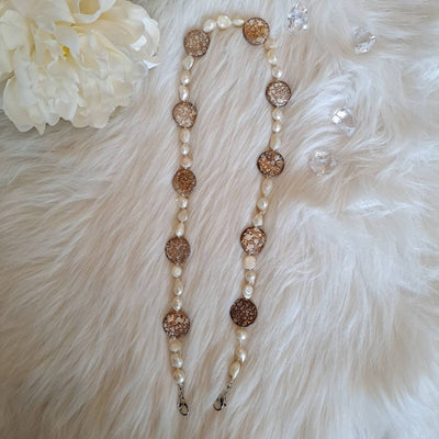 All Natural Pearl and Round Mottled Brown Sea Shell Lanyard